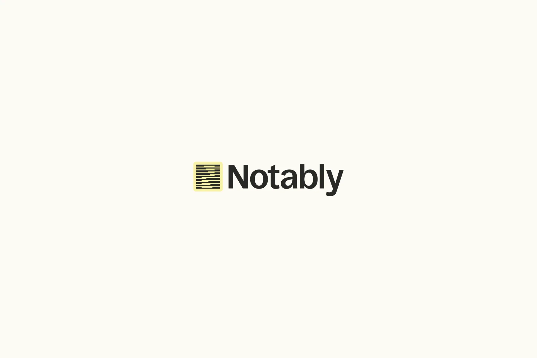 Black Notably wordmark with a striped yellow emblem on cream.
