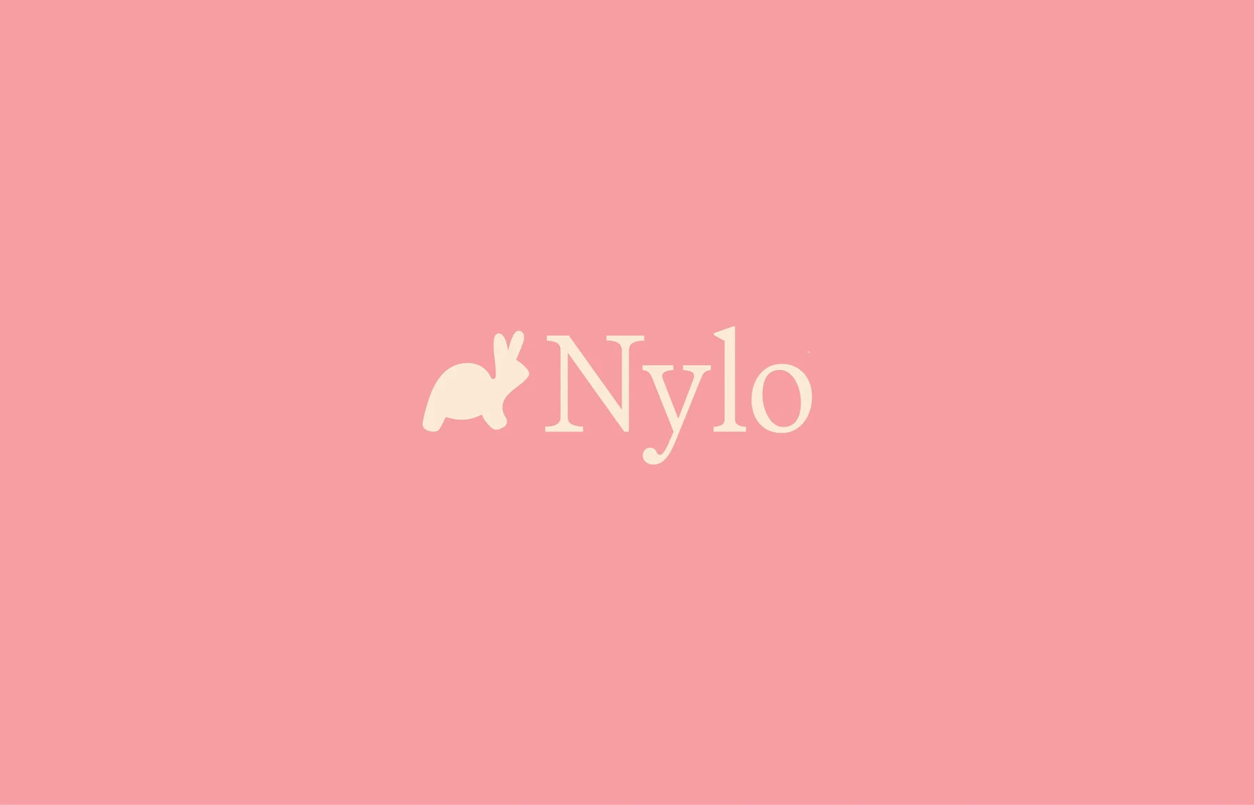 Cream Nylo wordmark and rabbit silhouette on pink.