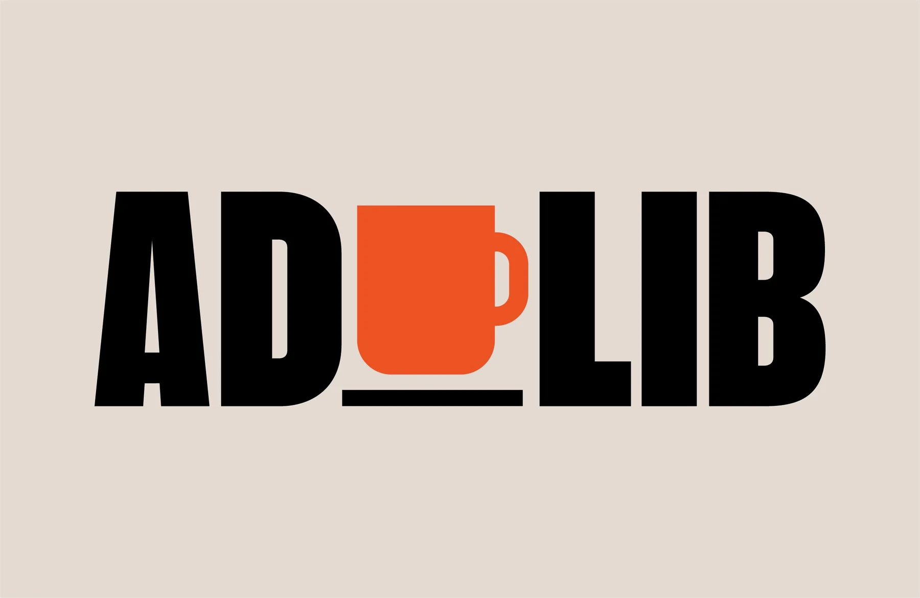 Black AdLib wordmark with an orange coffee cup replacing the central letter.