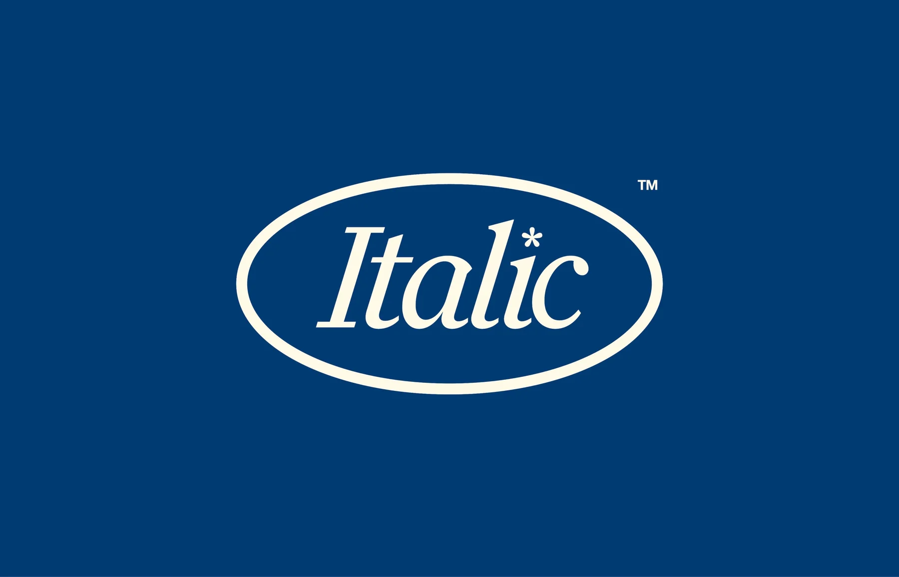 Cream Italic wordmark inside an oval on navy.