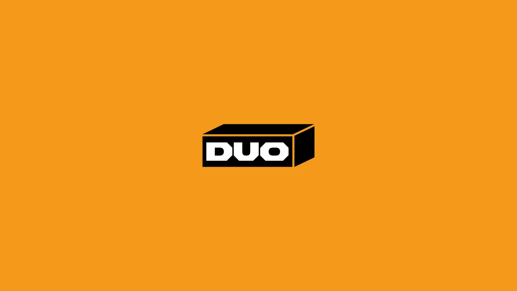 White Duo wordmark inside a black dimensional block on orange.