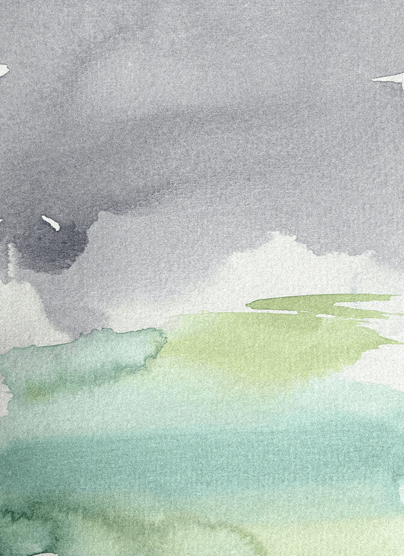 Soft watercolor landscape in gray, pale green, and blue.