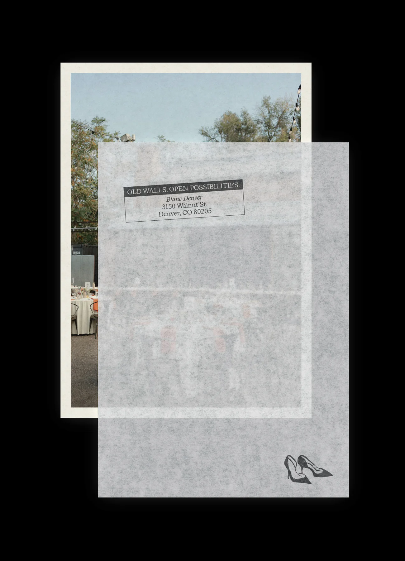 Blanc printed layout combining venue photography and small typography.