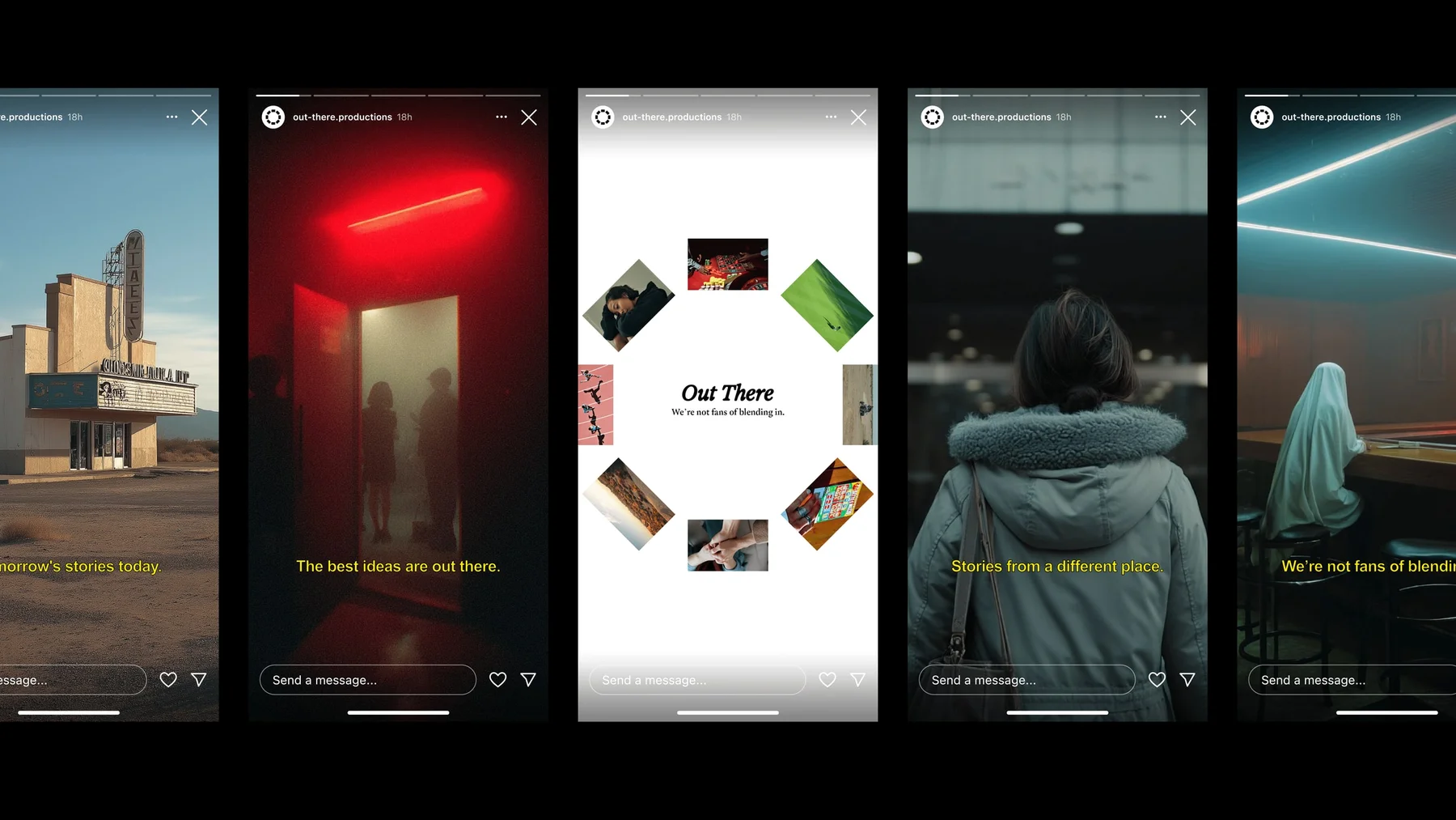 Five Out There mobile layouts combining photography and restrained typography.