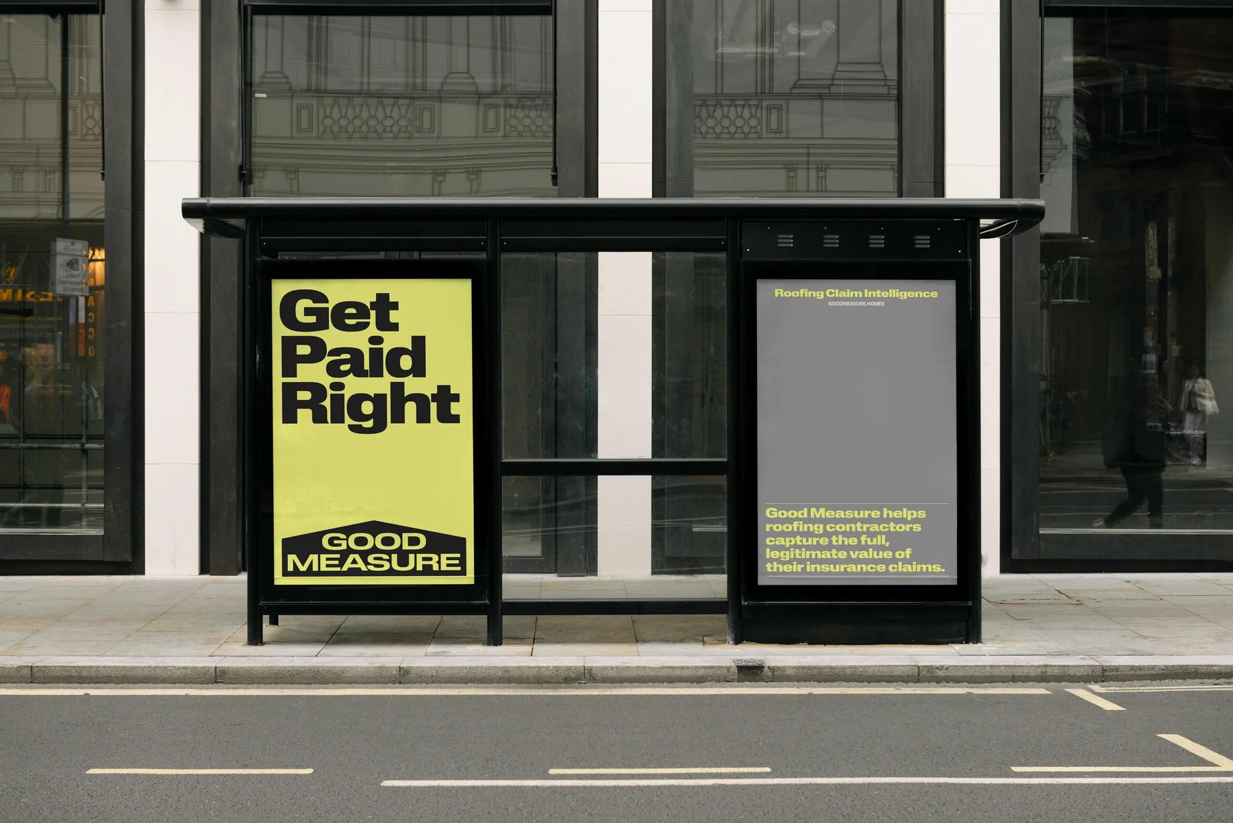 Good Measure bus-shelter advertising in yellow and dark gray.