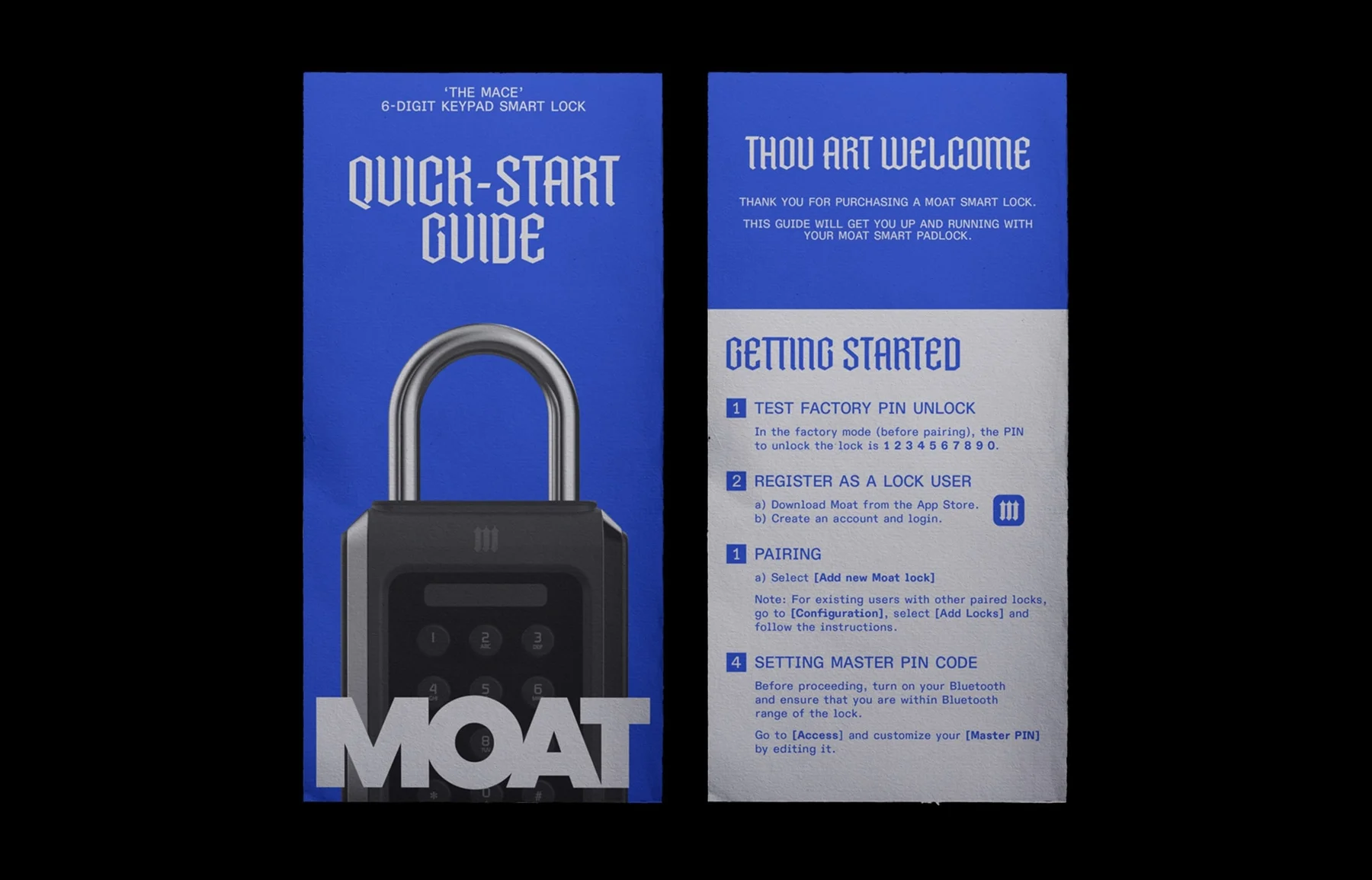 Moat quick-start guide with a smart-lock photograph and blue typography.