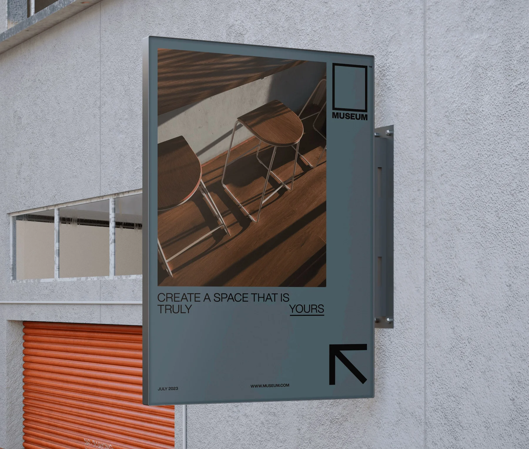 Museum building banner with a chair photograph and directional arrow.