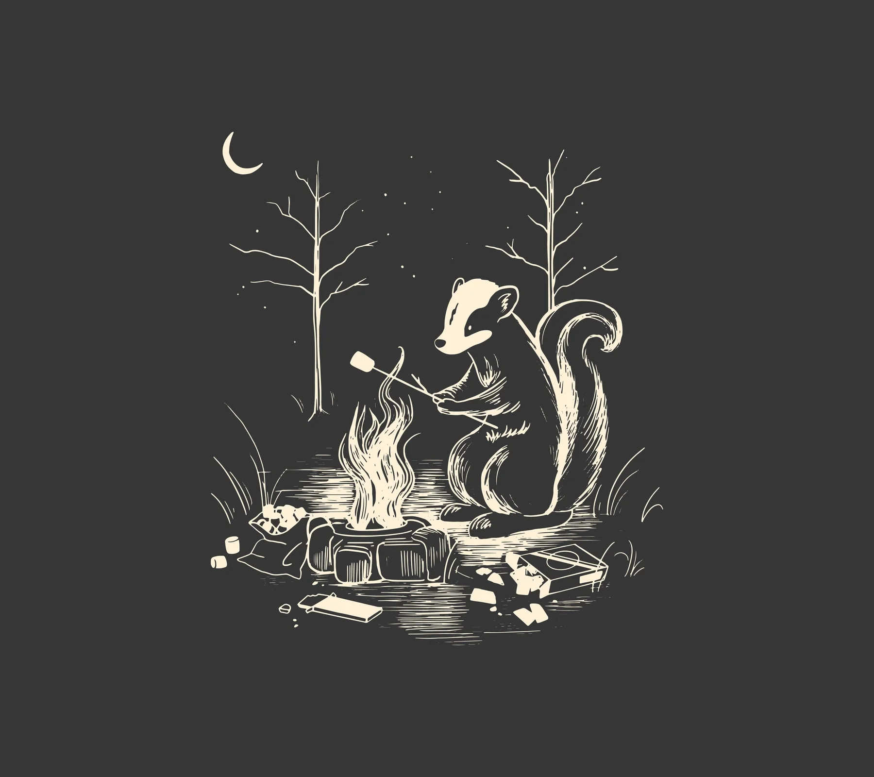 Cream illustration of a small animal tending a campfire beneath a crescent moon.