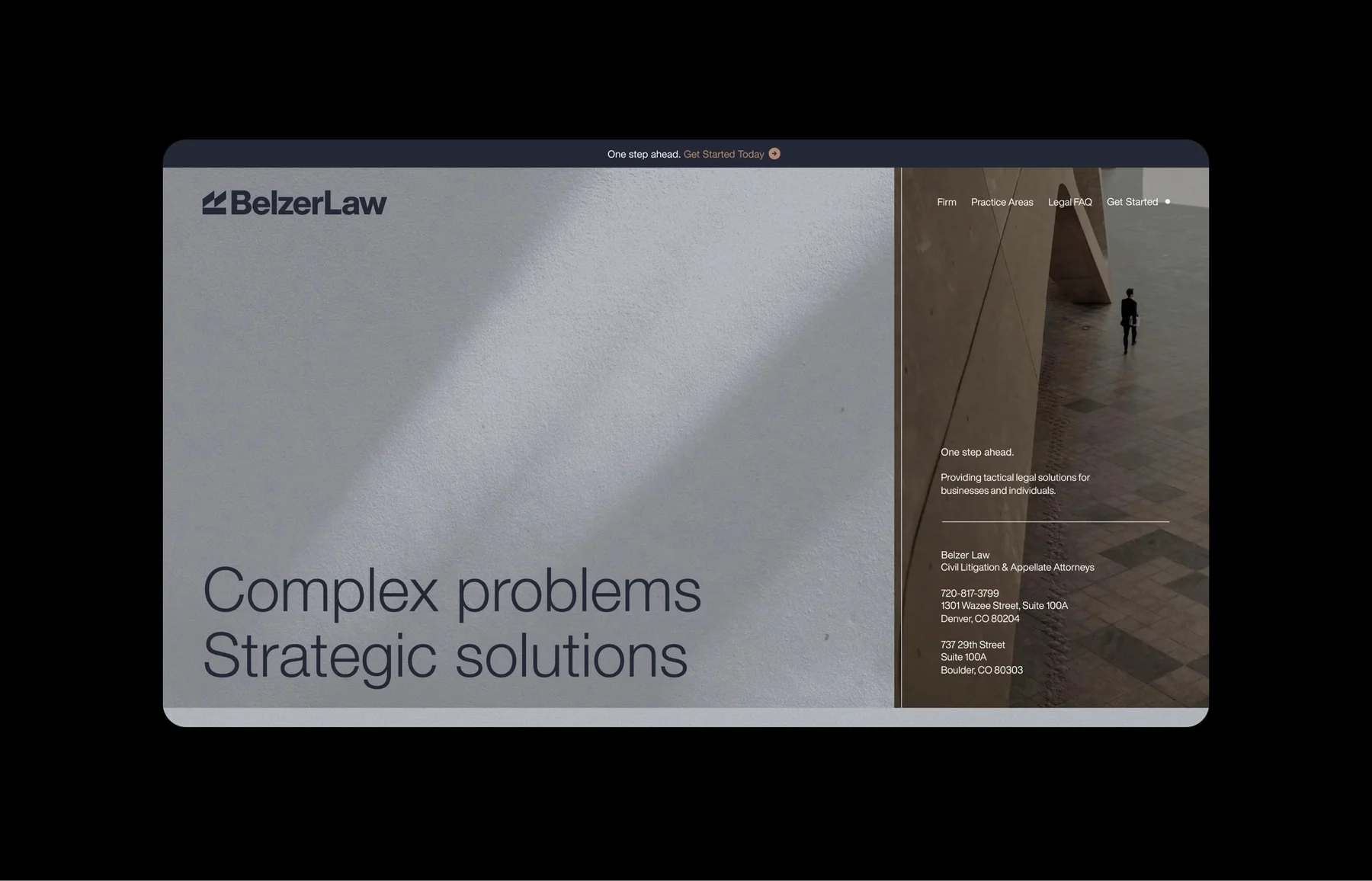 Belzer Law desktop website layout with the headline Complex problems. Strategic solutions.