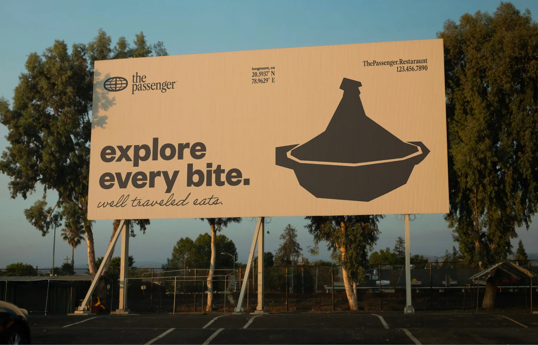 The Passenger billboard with a tagine illustration and Explore every bite headline.