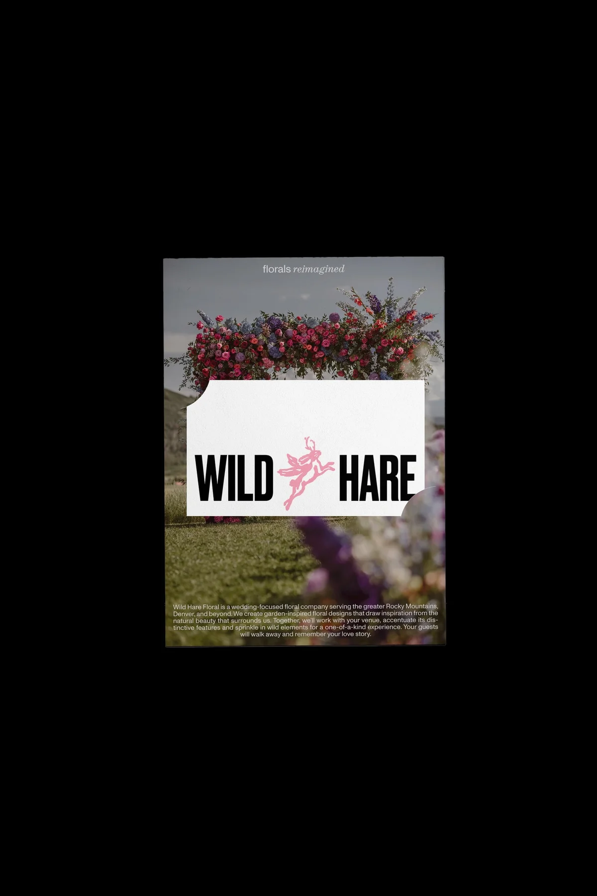 Wild Hare poster combining a floral wedding photograph and a white logo panel.