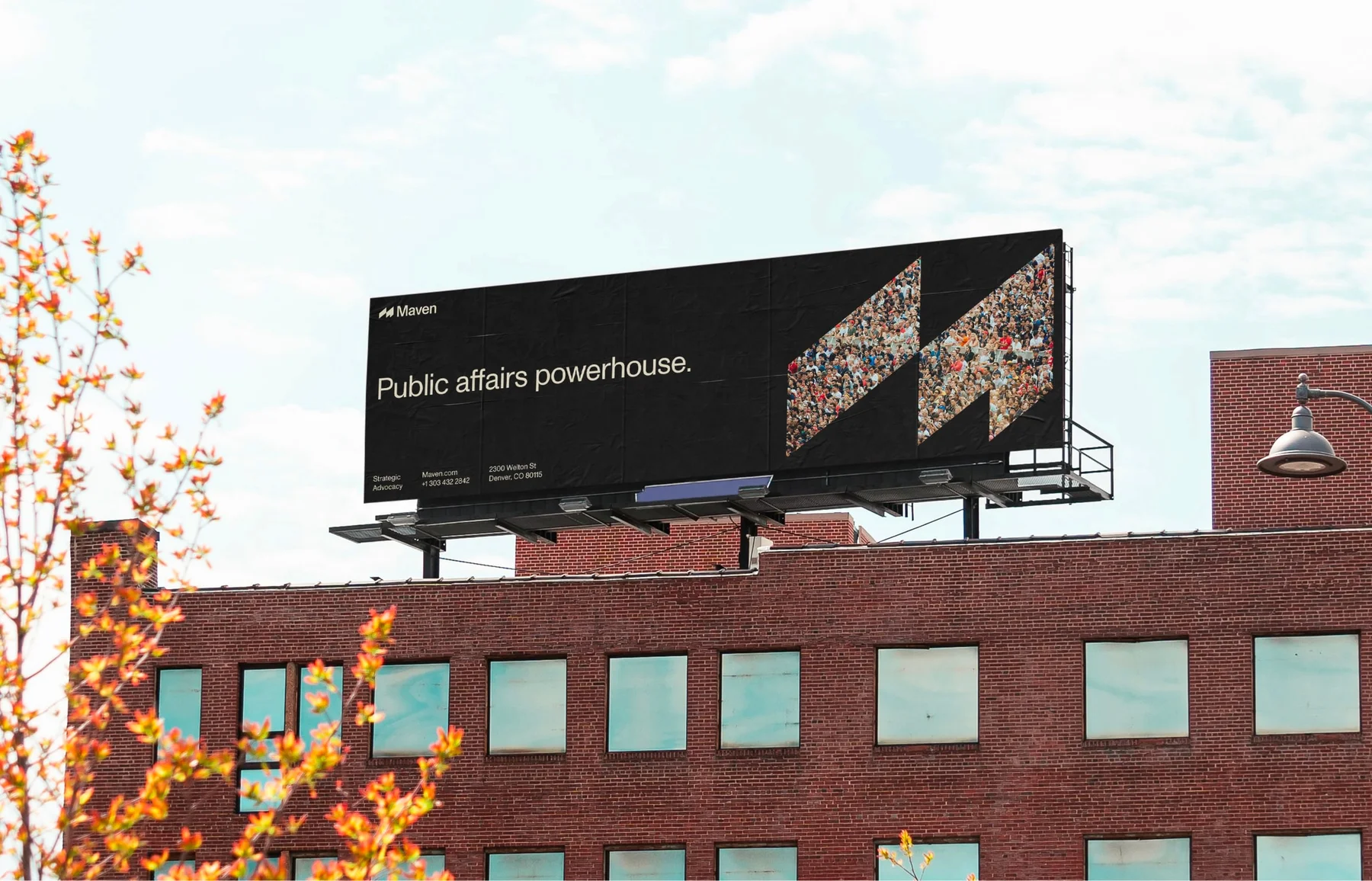 Maven rooftop billboard reading Public affairs powerhouse.