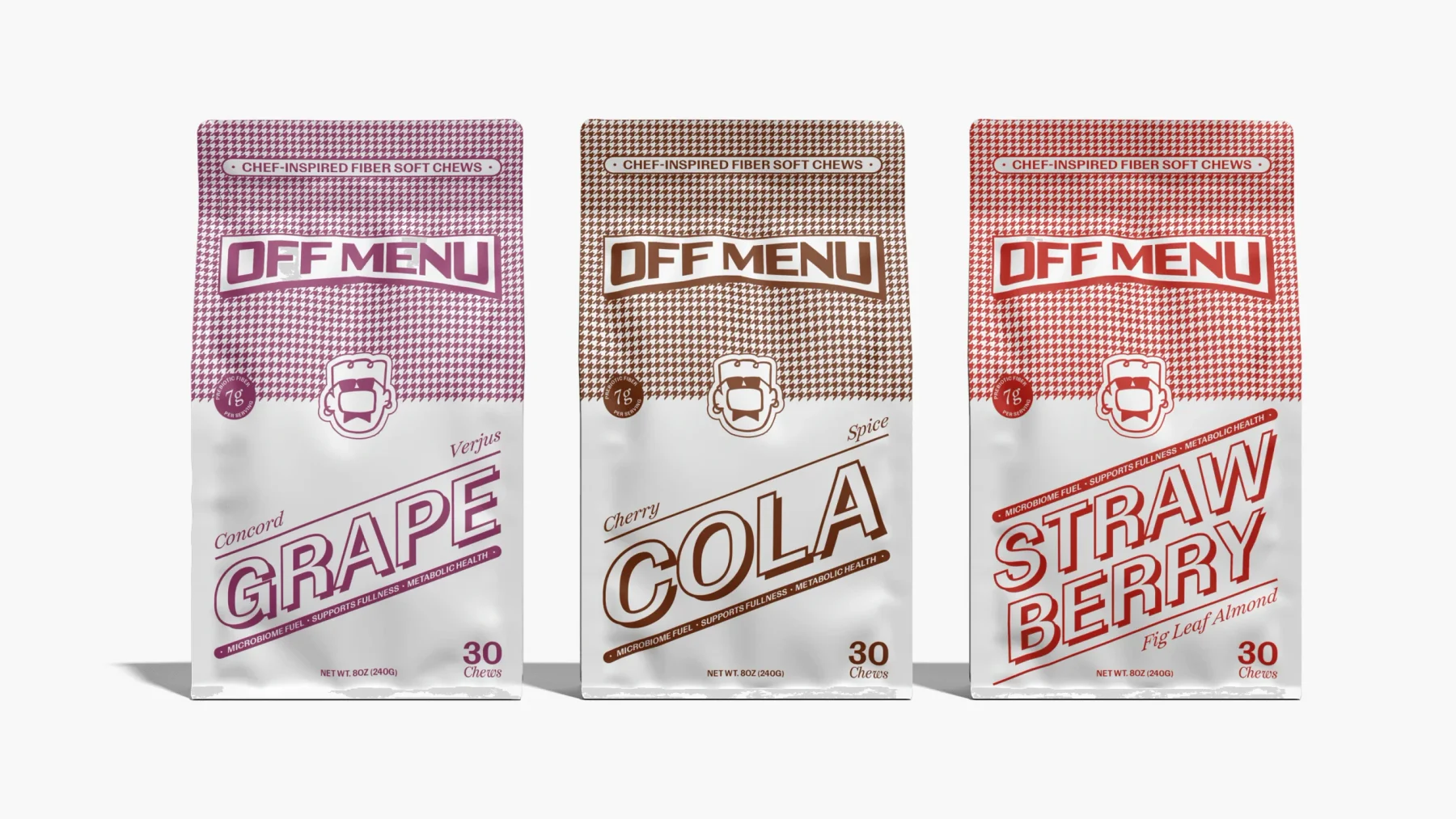 Off Menu grape, cola, and strawberry product pouches.