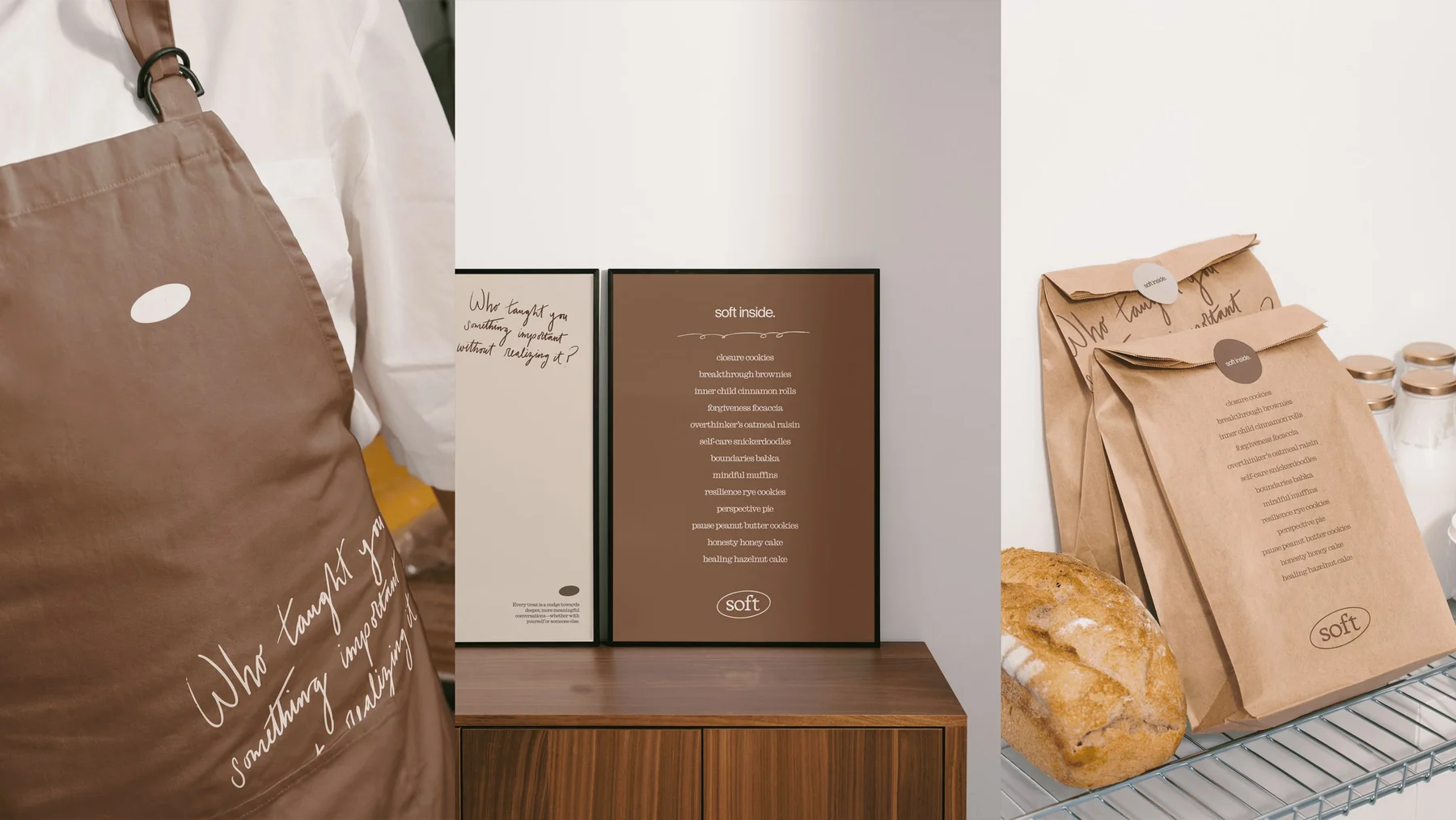 Soft packaging, menu boards, and a brown apron shown together.