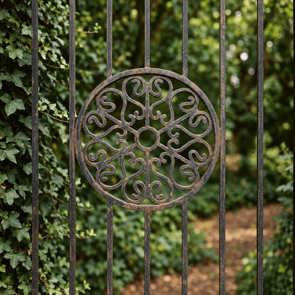 Decorative circular ironwork on a garden gate.