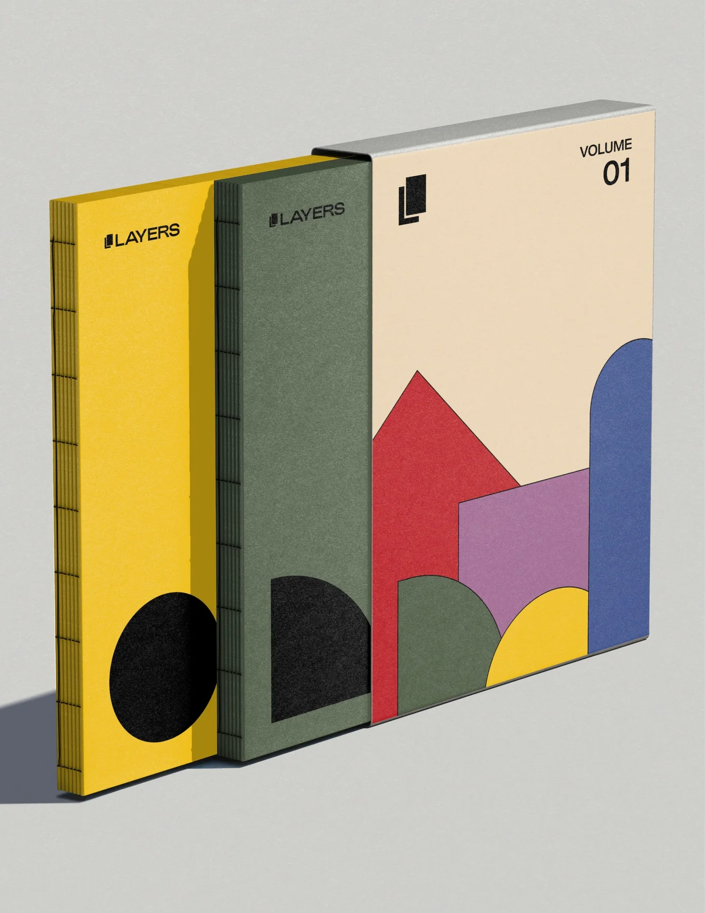 Three Layers book covers with overlapping geometric shapes.