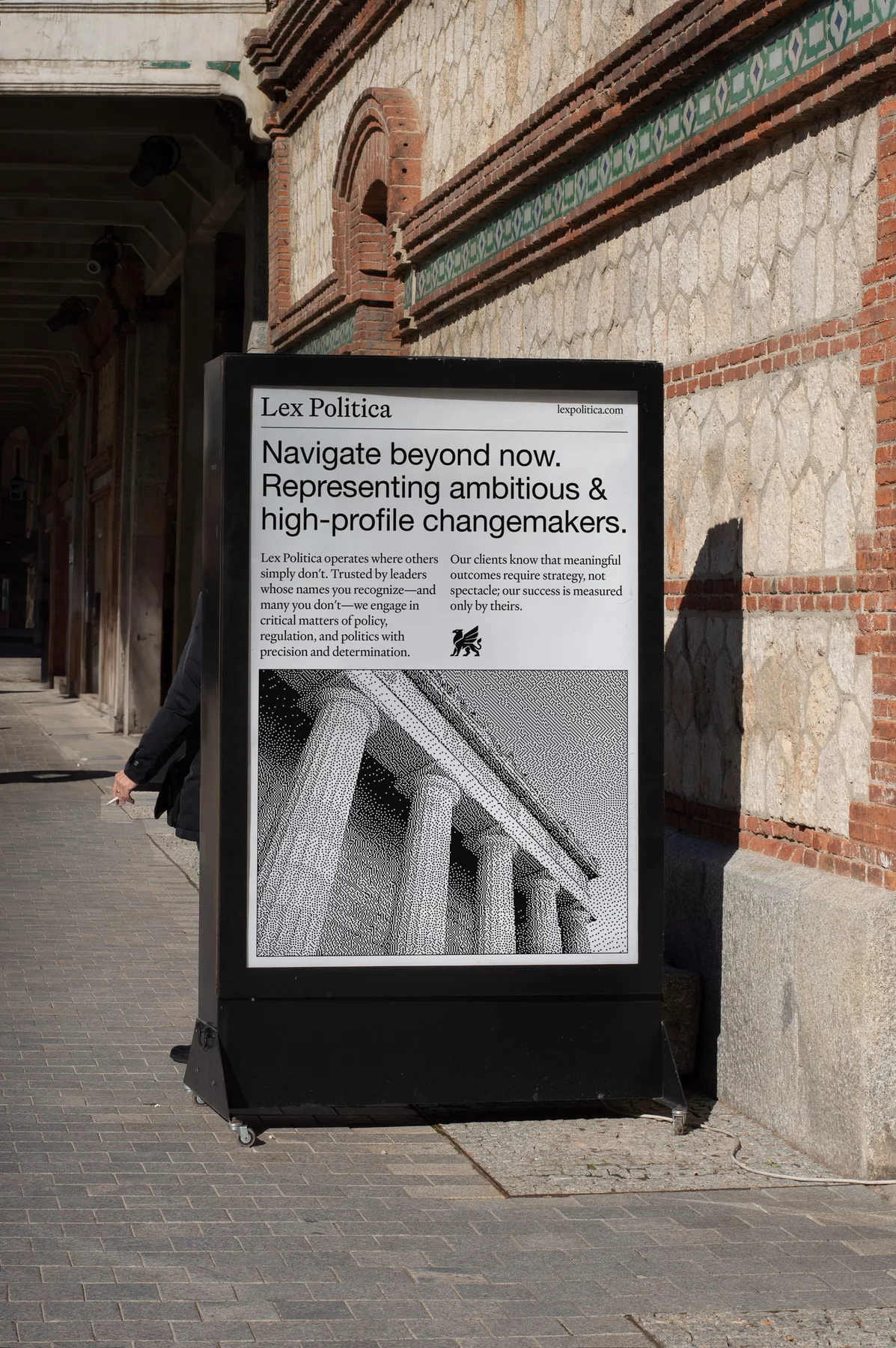Lex Politica sidewalk poster combining a headline and architectural photograph.
