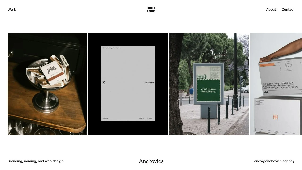 The Anchovies agency homepage, with generous white space, restrained typography and selected client work.