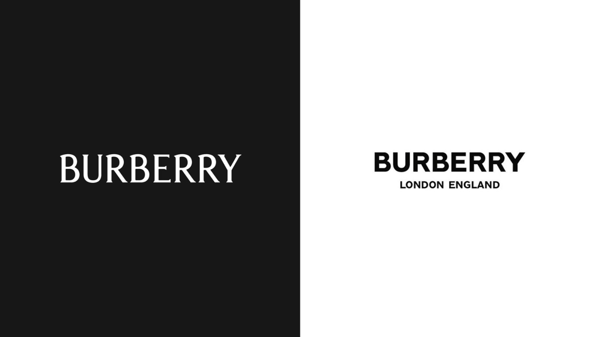 Burberry’s 2018 bold sans-serif wordmark with London England beneath it.