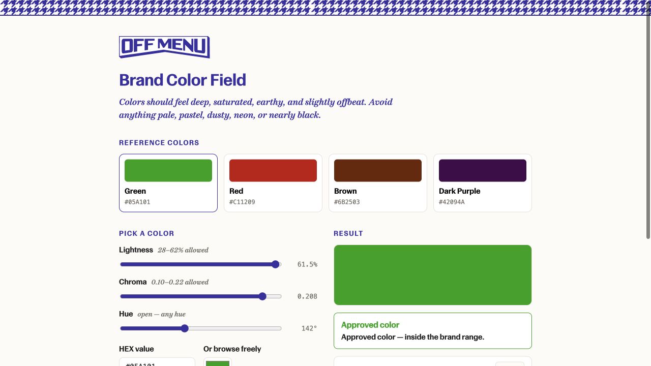 Off Menu color tool with approved reference colors and hue controls