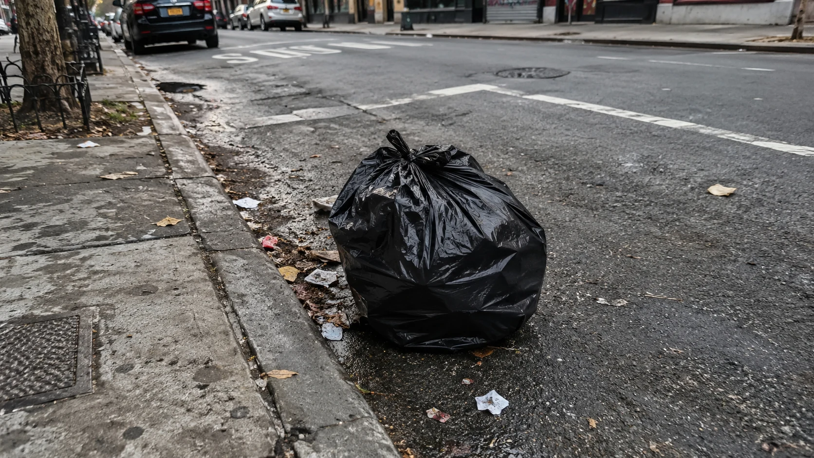 A tied black trash bag on a gritty street beside the curb.
