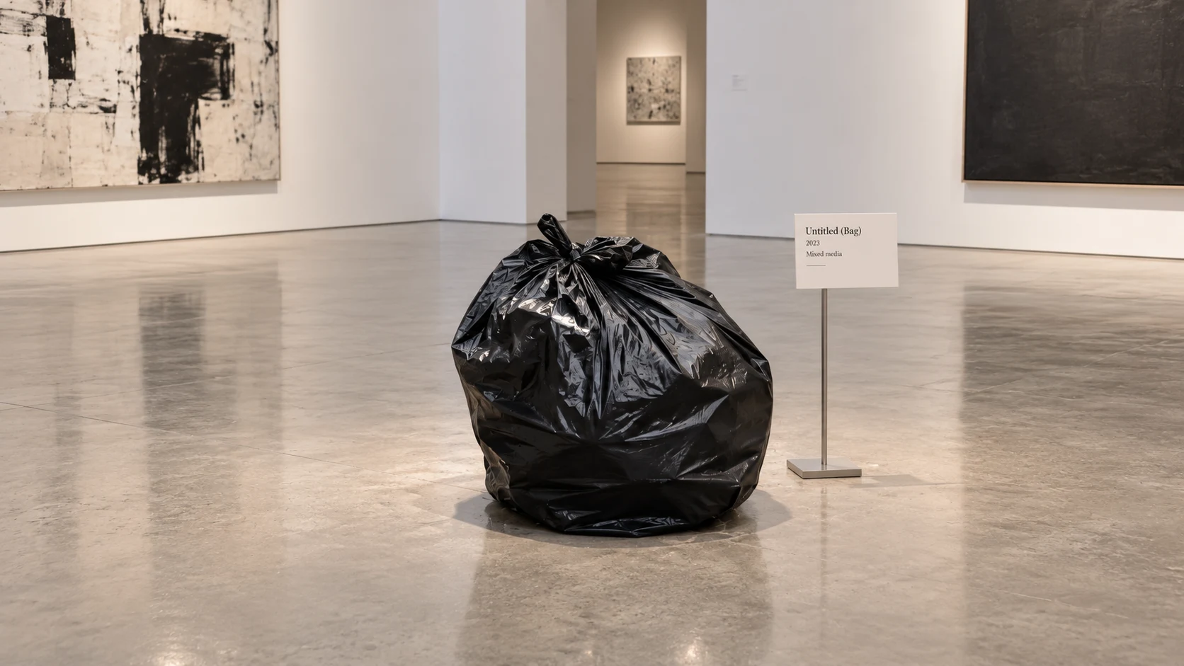A black trash bag presented in a spacious gallery beside an artwork label.