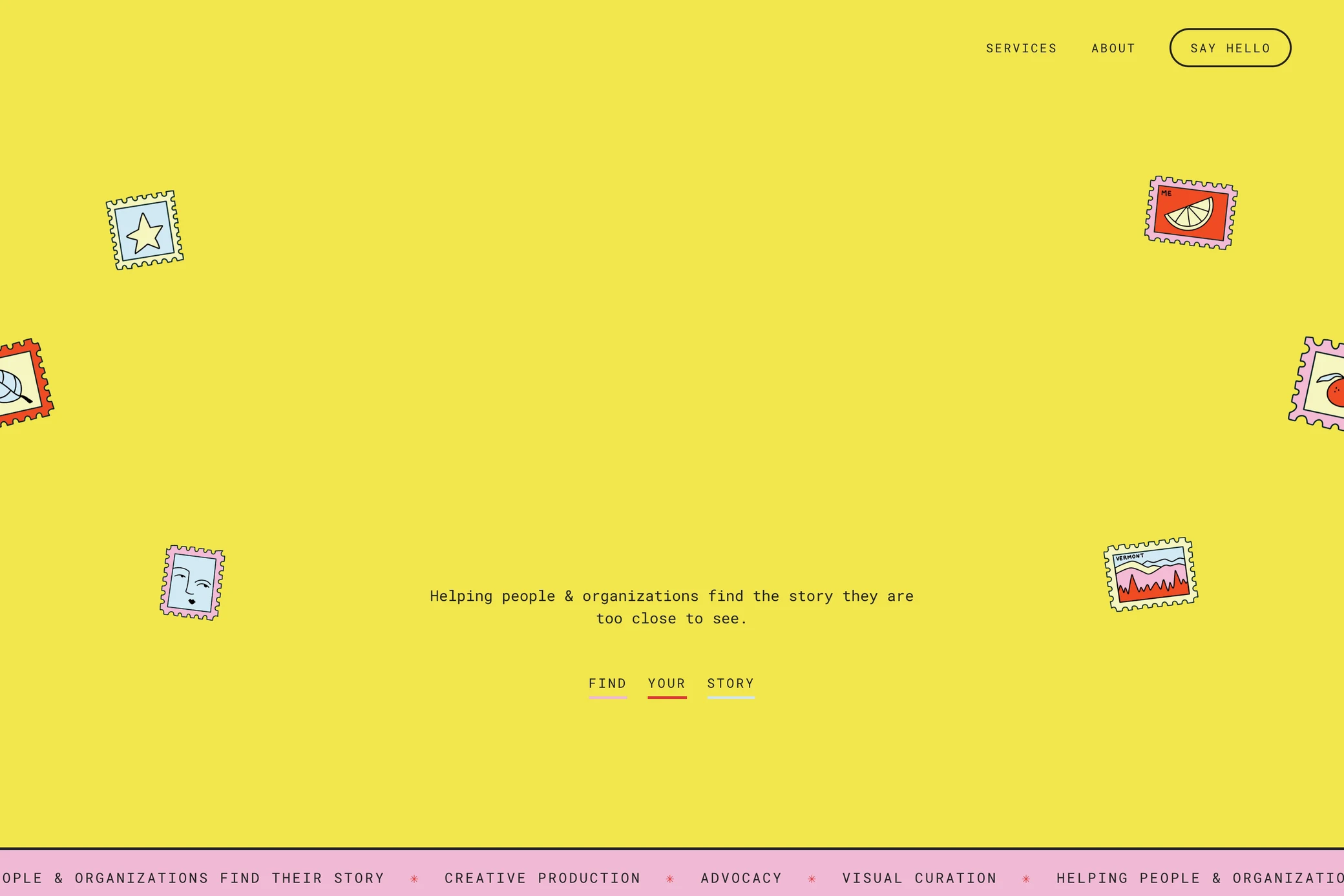 The same Molly Engels homepage with both logos hidden; its yellow palette, illustrations and typography remain distinctive.