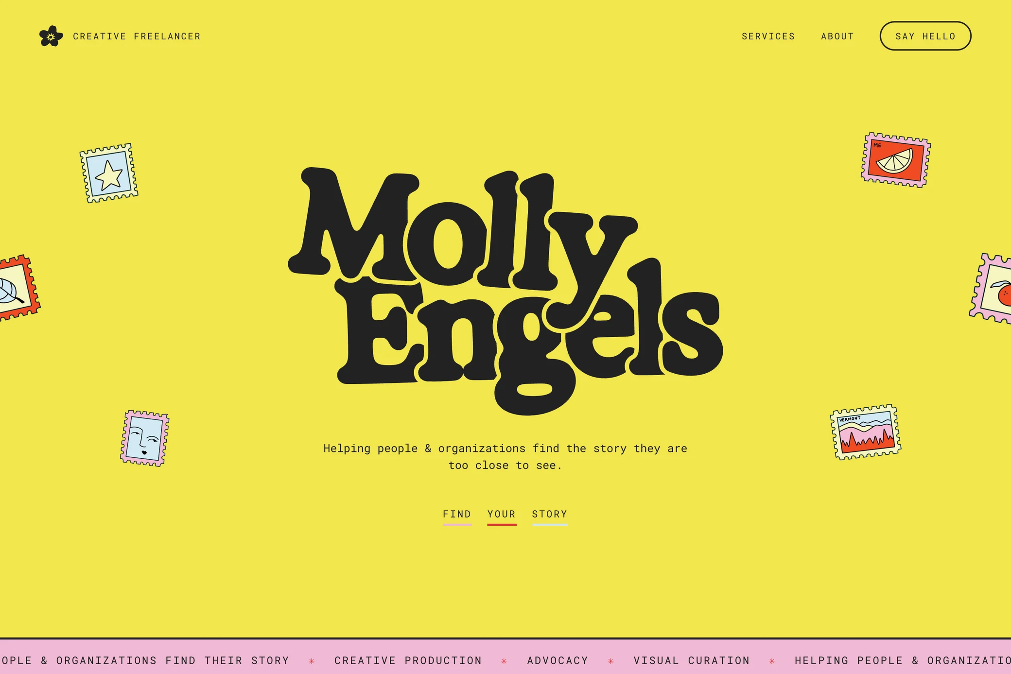Molly Engels homepage with a yellow identity, stamp illustrations, expressive typography and visible logos.