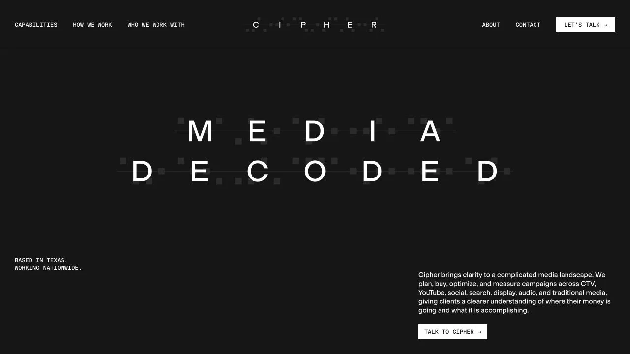 Cipher’s dark homepage with the animated words Media Decoded.
