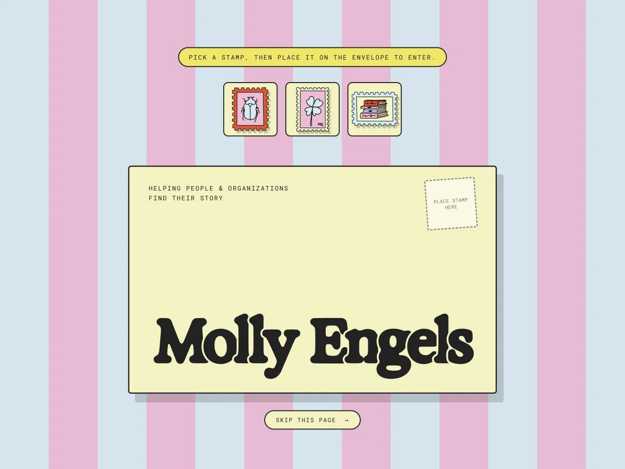 Molly’s illustrated stamps above an envelope, ready to enter her website.